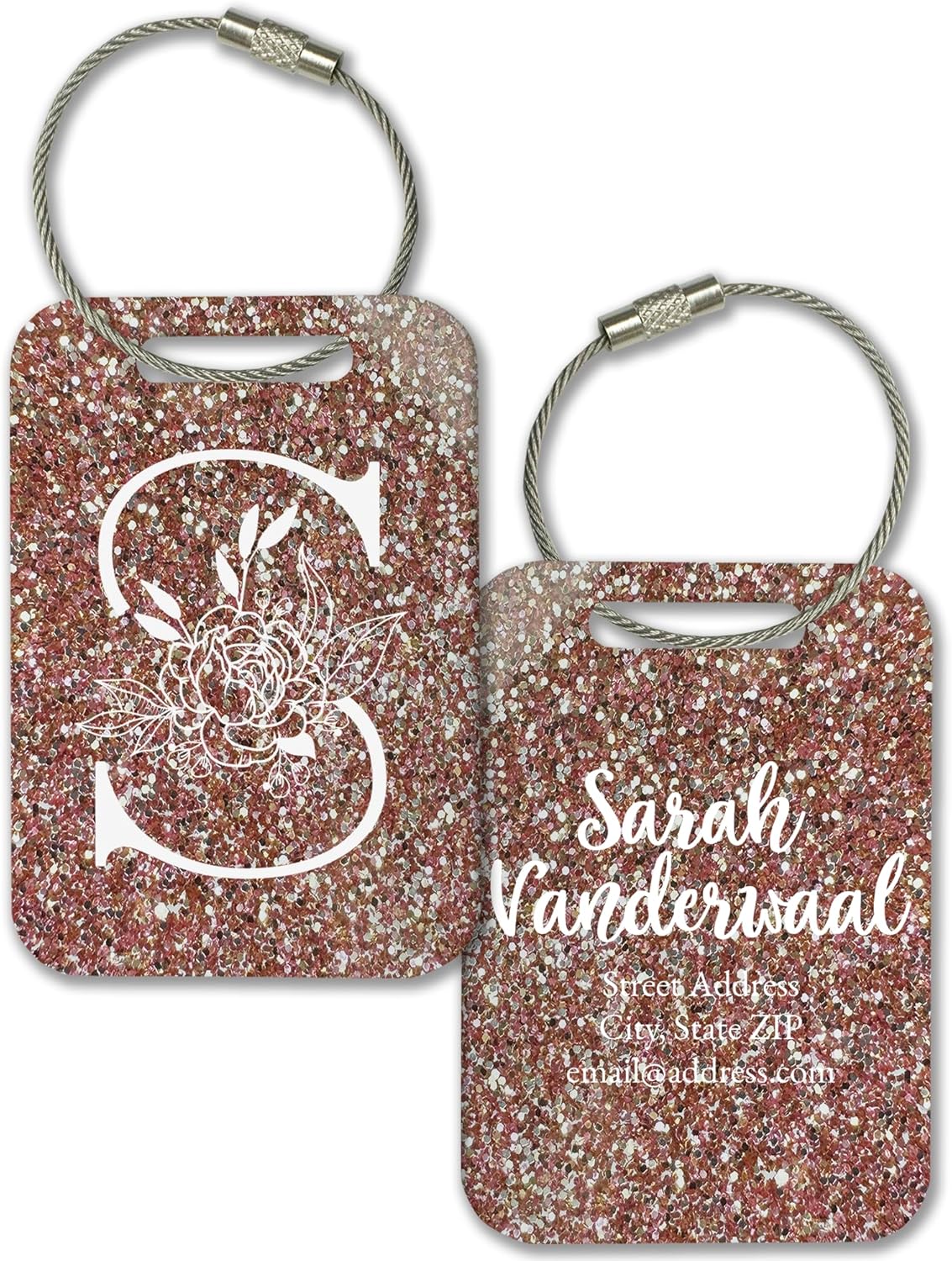 Personalized Monogram Name Tag for Luggage (3 or 6 Count Pack) | Custom Tag for Suitcase | Acrylic Name Tag for Travel | Choose Your Font & Color | Backpack ID Label (Monogram, Rose Gold Glitter)