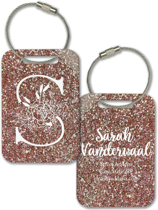Personalized Monogram Name Tag for Luggage (3 or 6 Count Pack) | Custom Tag for Suitcase | Acrylic Name Tag for Travel | Choose Your Font & Color | Backpack ID Label (Monogram, Rose Gold Glitter)