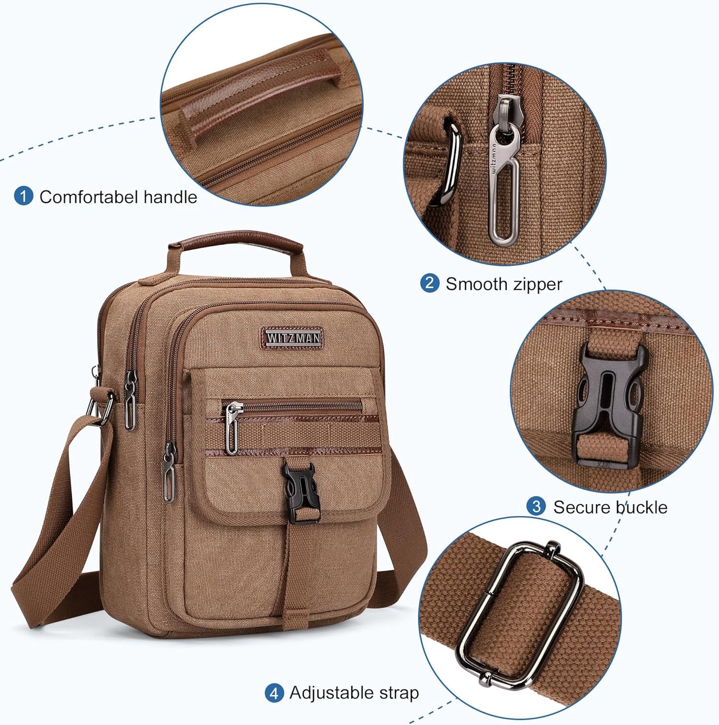 WITZMAN Crossbody Bag for Men Canvas Messenger Bags Vintage Man Purse Small Casual Shoulder Bag for Work Traveling