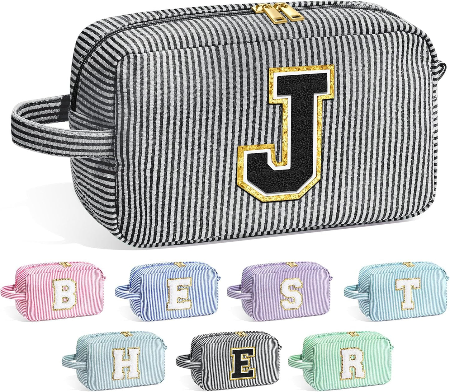 YOOLIFE Initial Makeup Bag Cosmetic Bag for Teen Girls Women - Birthday Gifts for Teen Girls Women, Toiletry Pouch Black J
