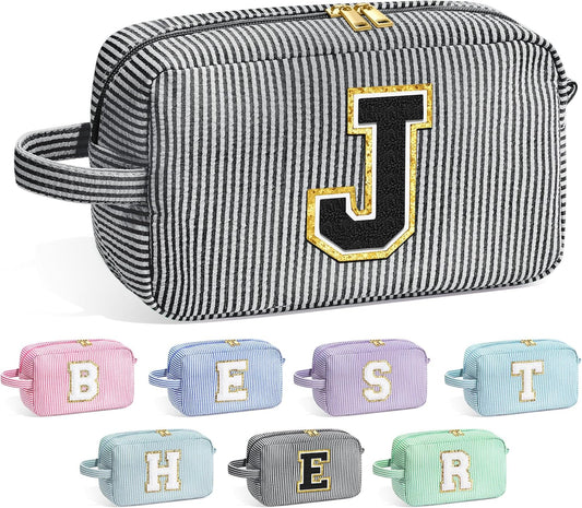 YOOLIFE Initial Makeup Bag Cosmetic Bag for Teen Girls Women - Birthday Gifts for Teen Girls Women, Toiletry Pouch Black J