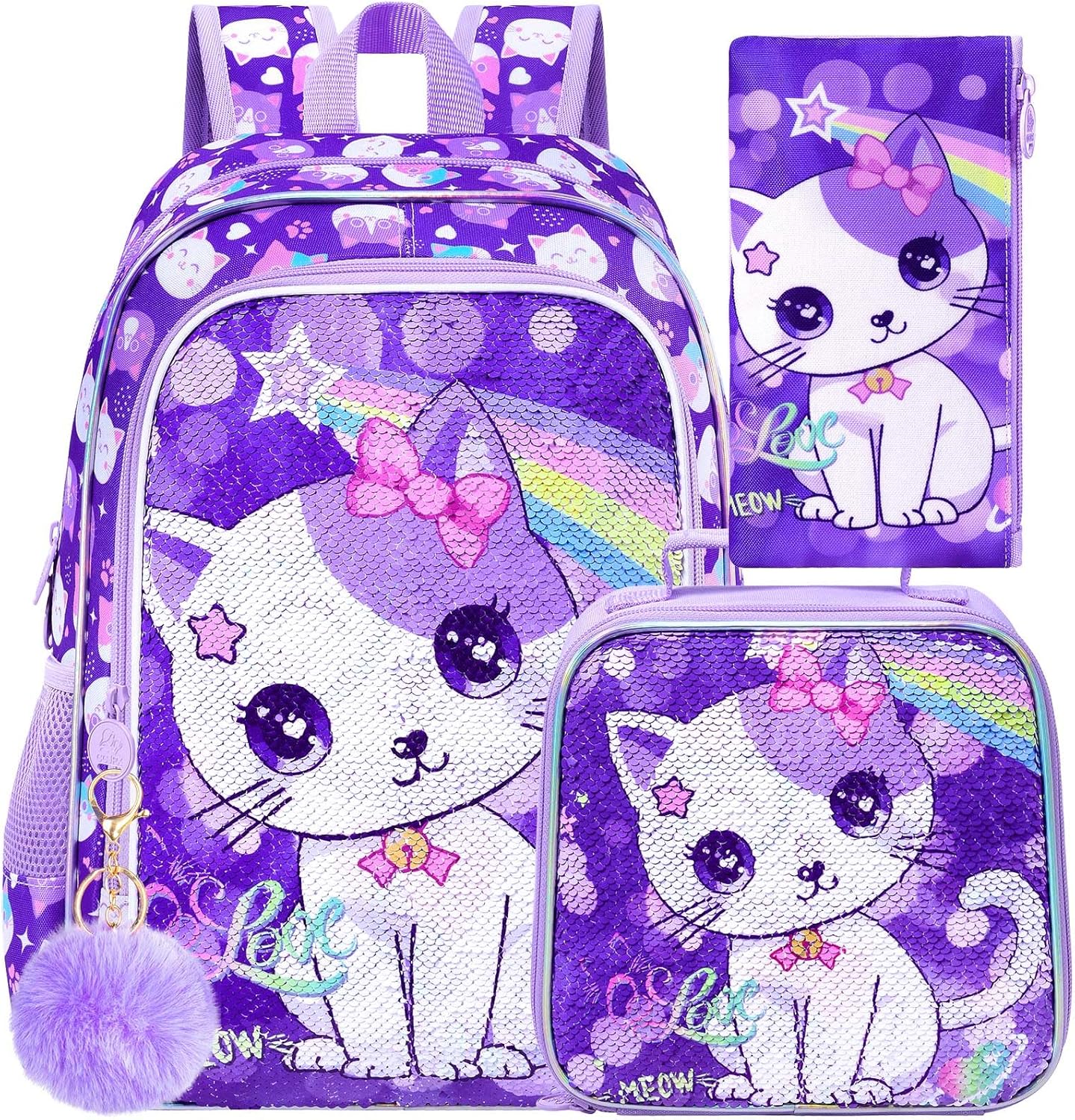 3PCS Girls Backpack, 16" Sequin Prechool Elementary Bookbag and Lunch Box