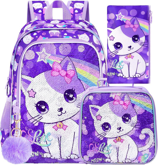 3PCS Girls Backpack, 16" Sequin Prechool Elementary Bookbag and Lunch Box
