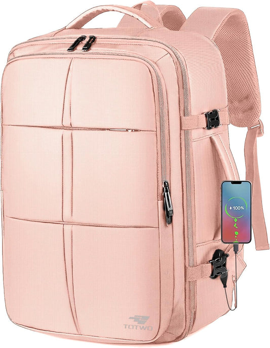 Travel Backpack, 55L Carry On Backpack for Men Women Flight Approved, Expandable Large Luggage Bag Daypack Water Resistant Overnight Business Weekender Bag, Fits 18.4 Inch Laptops, Pink
