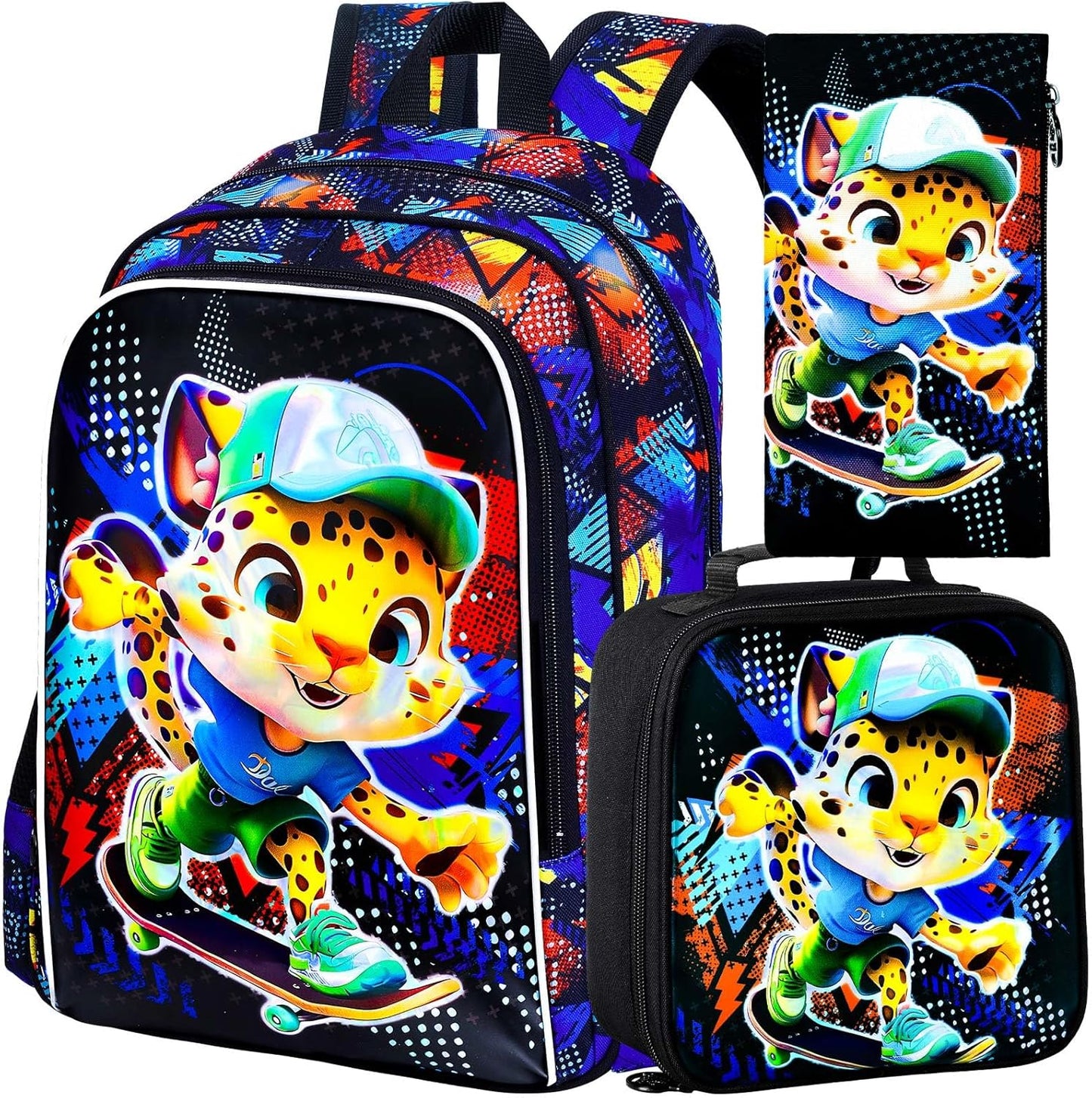 3PCS Dinosaur Backpack for Boys, 16 Inch Kids Water Resistant Preschool Elementary Kindergarten Bookbags and Lunch Box