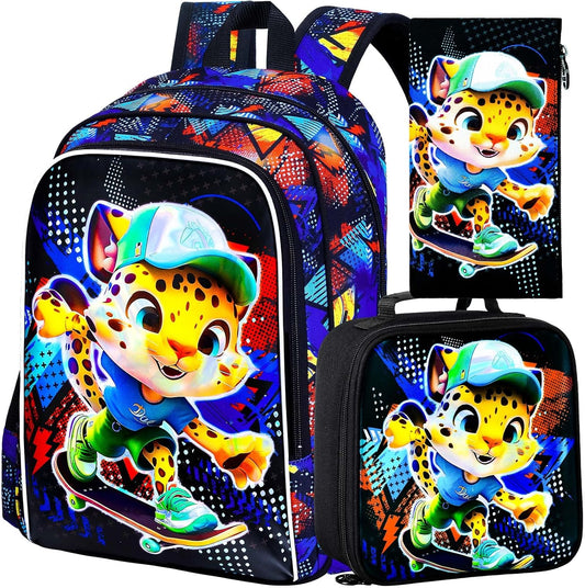 3PCS Dinosaur Backpack for Boys, 16 Inch Kids Water Resistant Preschool Elementary Kindergarten Bookbags and Lunch Box
