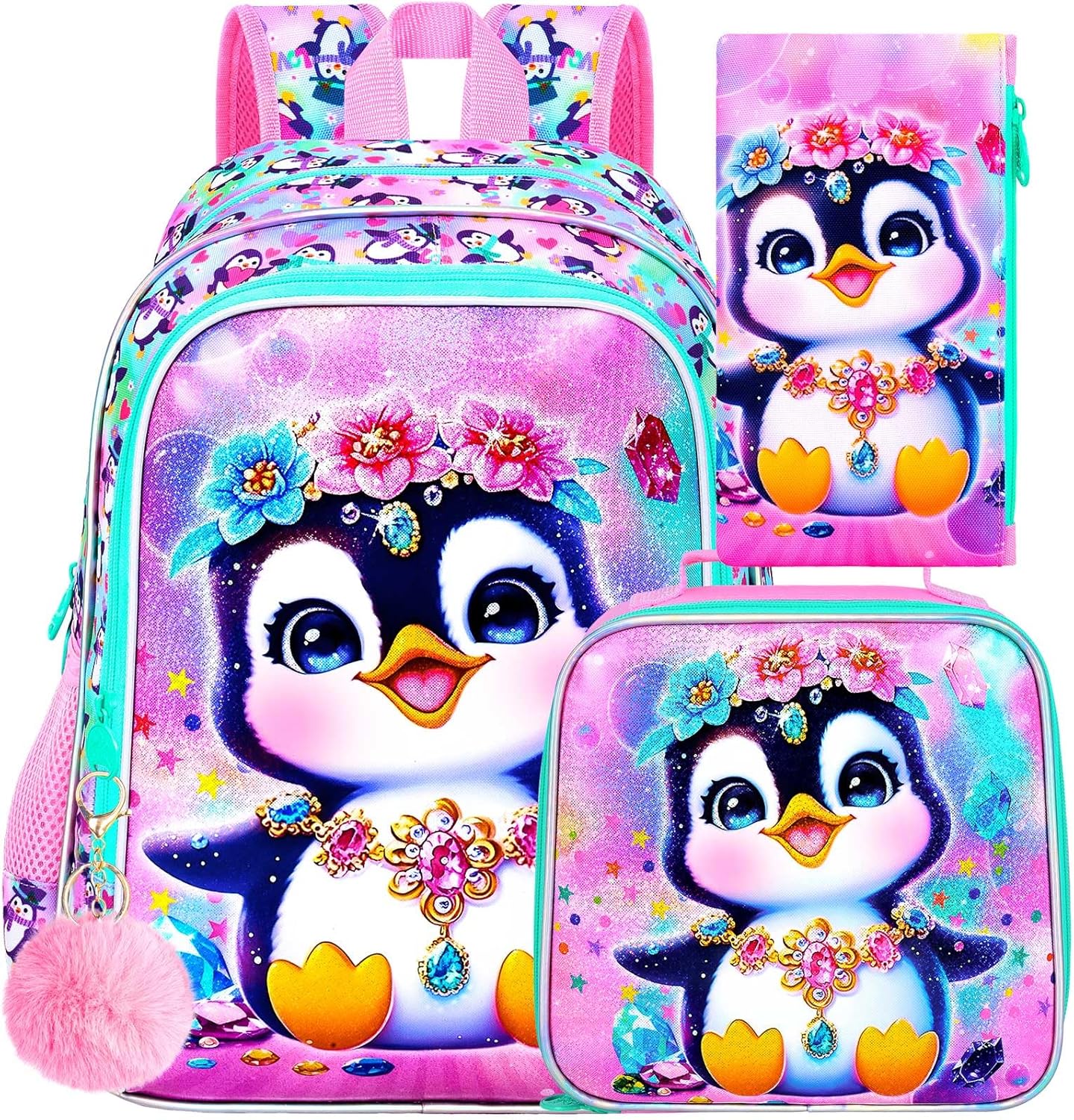 3Pcs Backpack for Girls, 16" Penguin Kids Bookbag for Elementary Preschool Kindergarten, School Backpacks with Lunch Box(Pink)