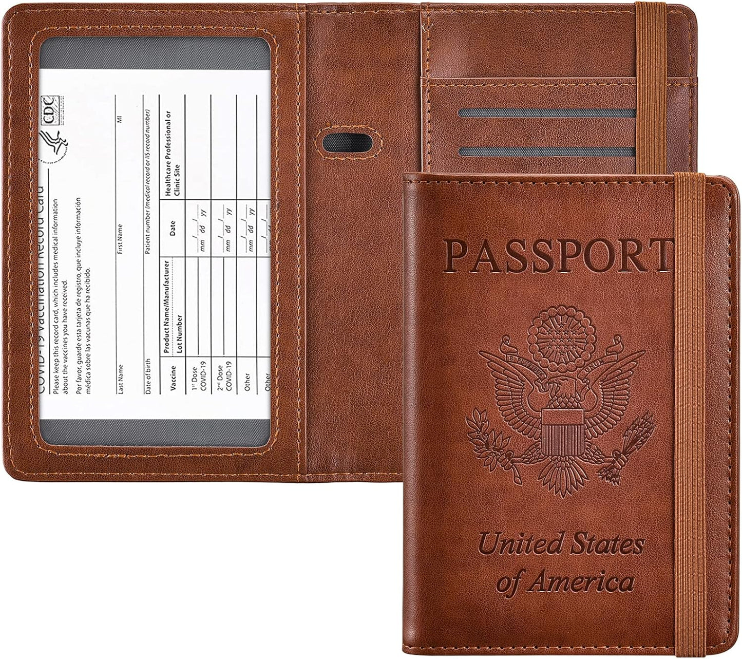 HerriaT Passport and Vaccine Card Holder Combo,Cover Case with CDC Vaccination Card Slot, Leather Travel Documents Organizer Protector, with RFID Blocking, for Women and Men