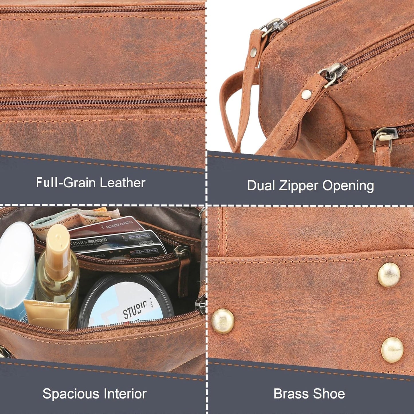 RUSTIC TOWN Buffalo Leather Toiletry Bag : Vintage Travel Shaving & Ditty Kit : for Toiletries, Cosmetics & More : Spacious Interior & Waterproof Lining : Compact, Fits Easily in Luggage