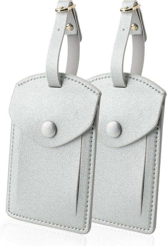 Kevancho Leather Luggage Tags for Men Women, Suitcase Labels Baggage Bag Tag ID Tags with Full Back Privacy Cover for Cruise Ships, Travel Accessories Tags Set of 2 PCS (Silver)