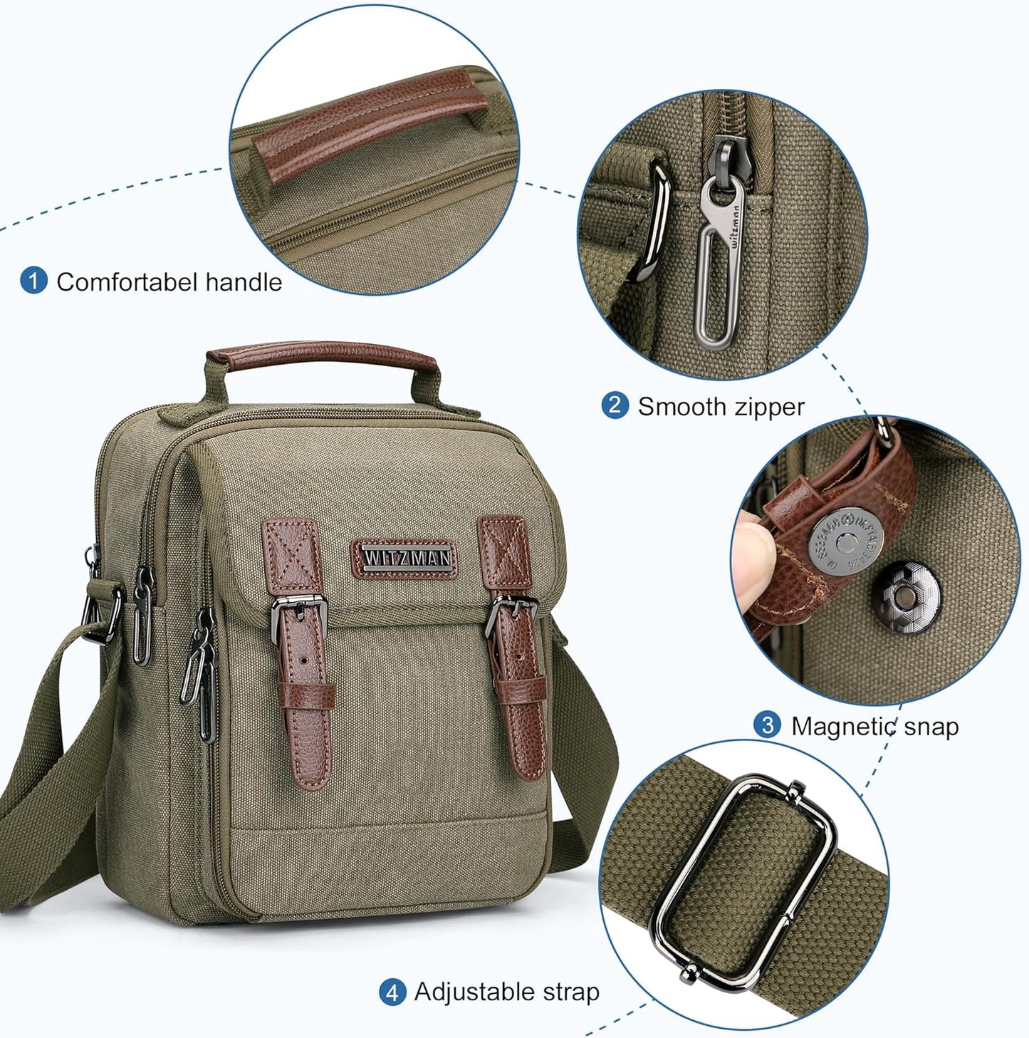 WITZMAN Canvas Small Messenger Bag for Men Crossbody Bag Multi-pocket Casual Shoulder Bag Travel Chest Bag