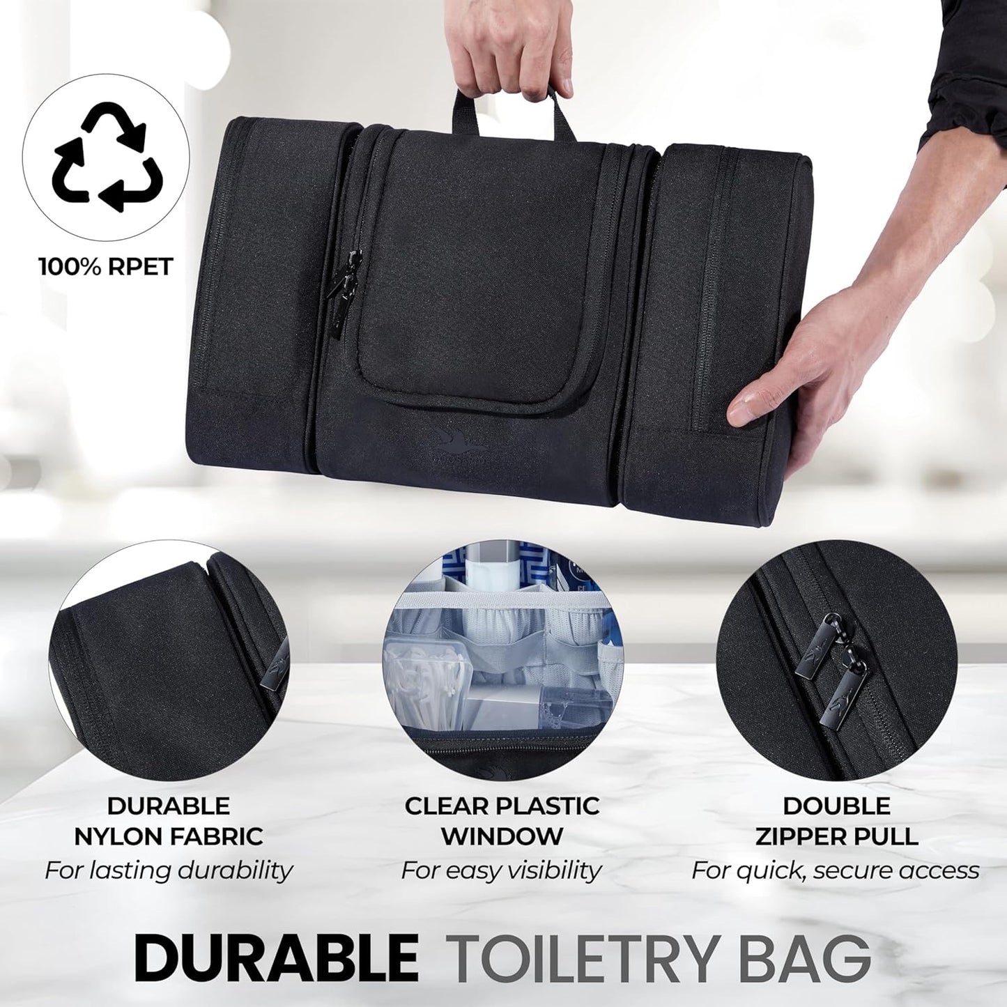 Travel Toiletry Bag for Women and Men - Hanging Cosmetic Travel Bag w/ 3 Detachable Organizer, Durable Hygiene Bag, Hanging Toiletry Bag Men or Makeup Case for Skincare - Black
