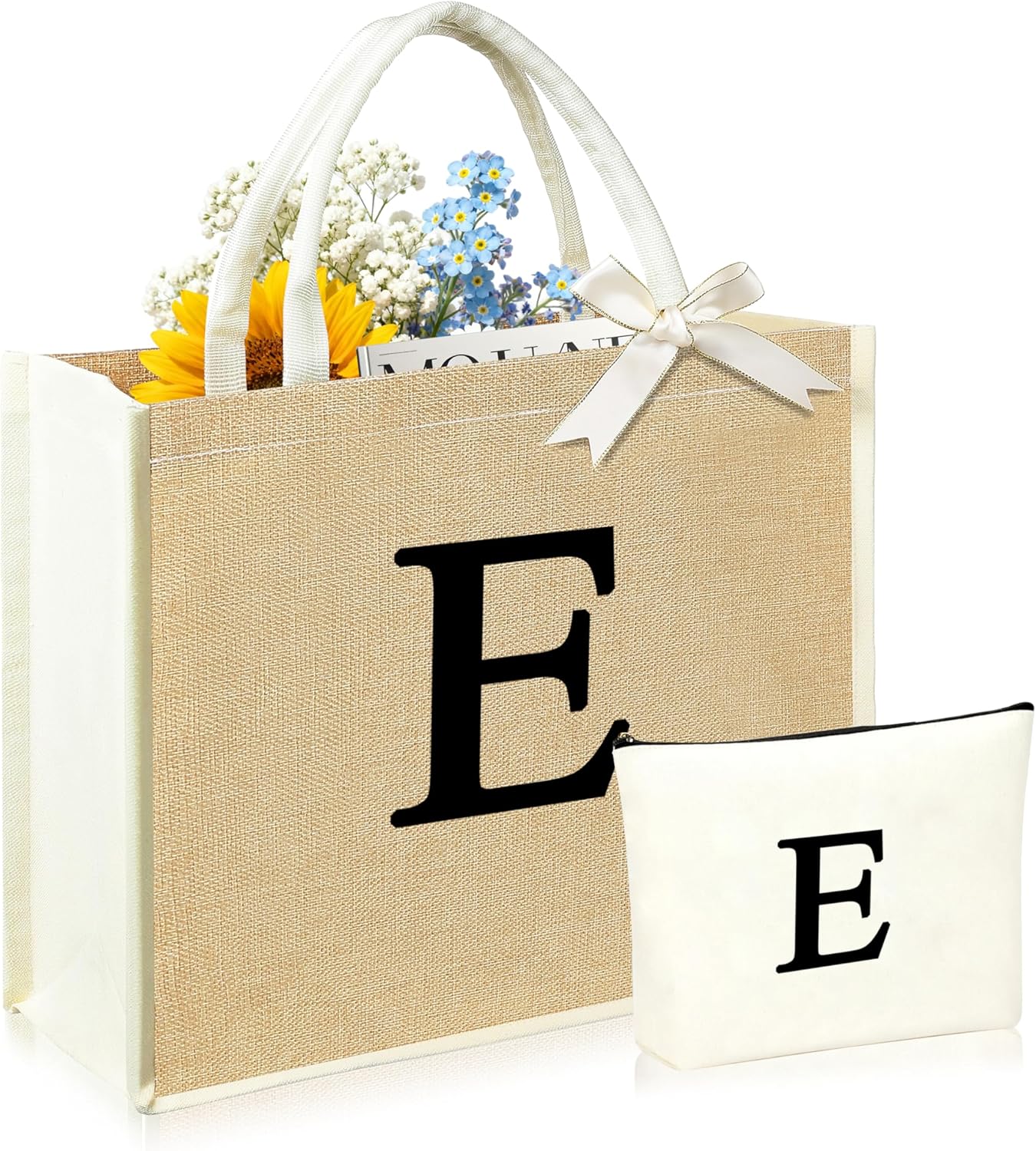 Initial Canvas Tote Bag & Makeup Bag for Women Teacher Bridesmaids，Personalized Present for Wedding, Birthday, Beach
