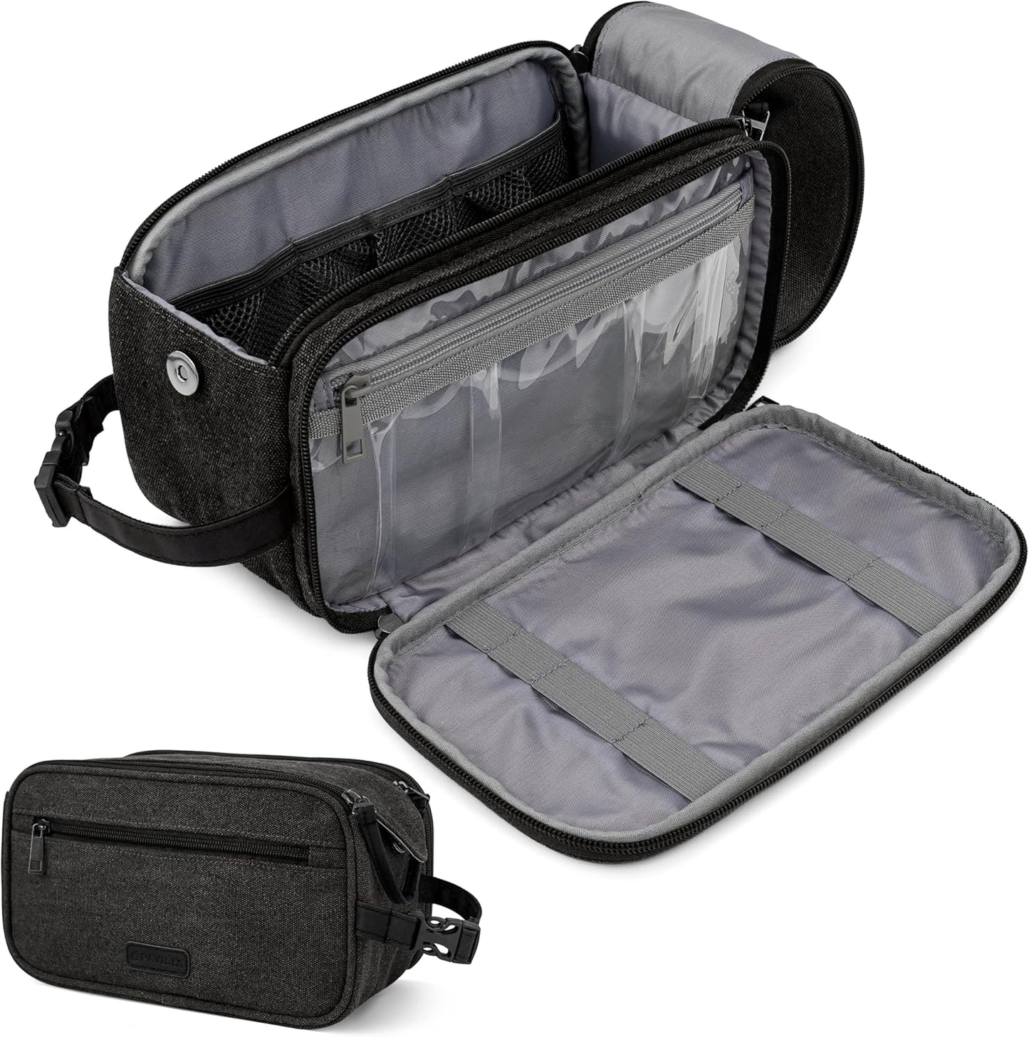 PAVILIA Toiletry Bag for Men, Canvas Travel Dopp Kit, Water Resistant Hygiene Bag Toiletries Organizer, Shaving Kit Travel Accessories Bag, Black
