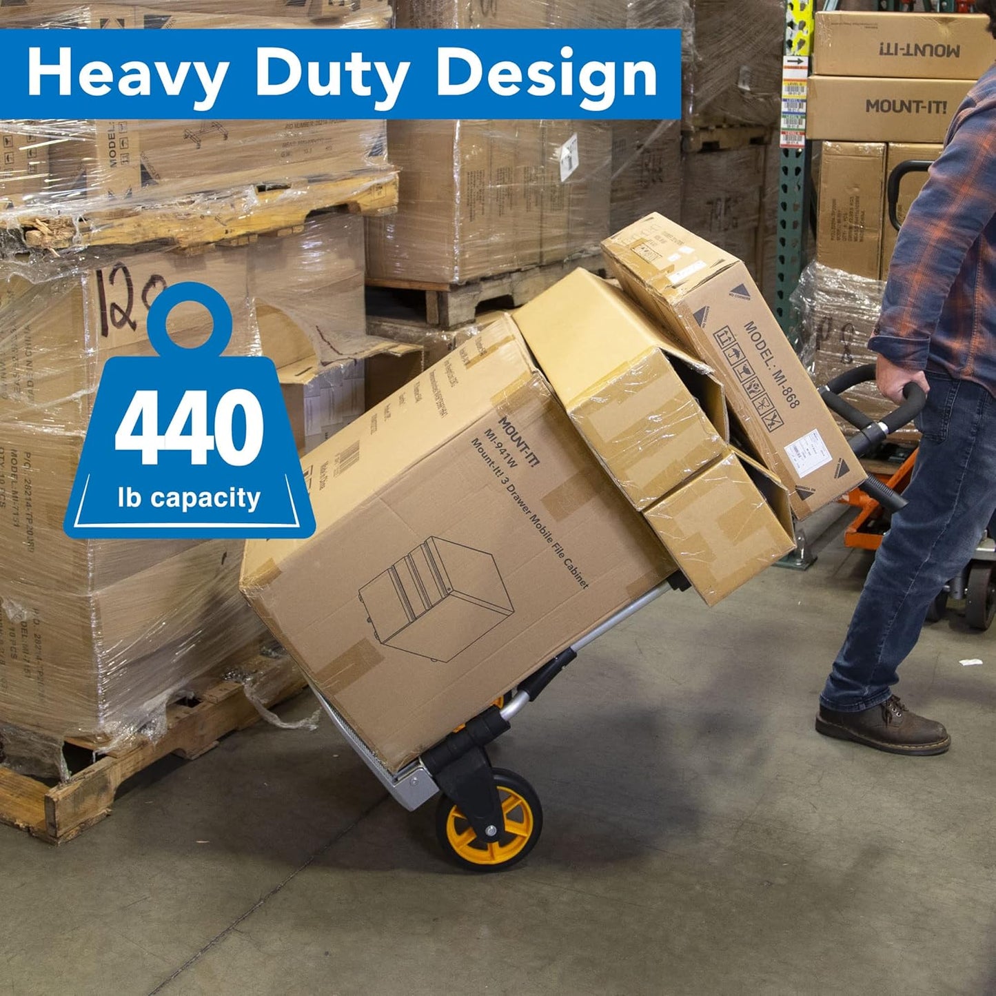 Mount-It! Folding Dolly, Aluminum Trolley, Industrial Grade Heavy Duty 440 Lb Capacity Hand Truck with Durable Rubber Wheels, Ergonomic Telescoping Handle for Indoor Outdoor, Foldable & Moving Dolly