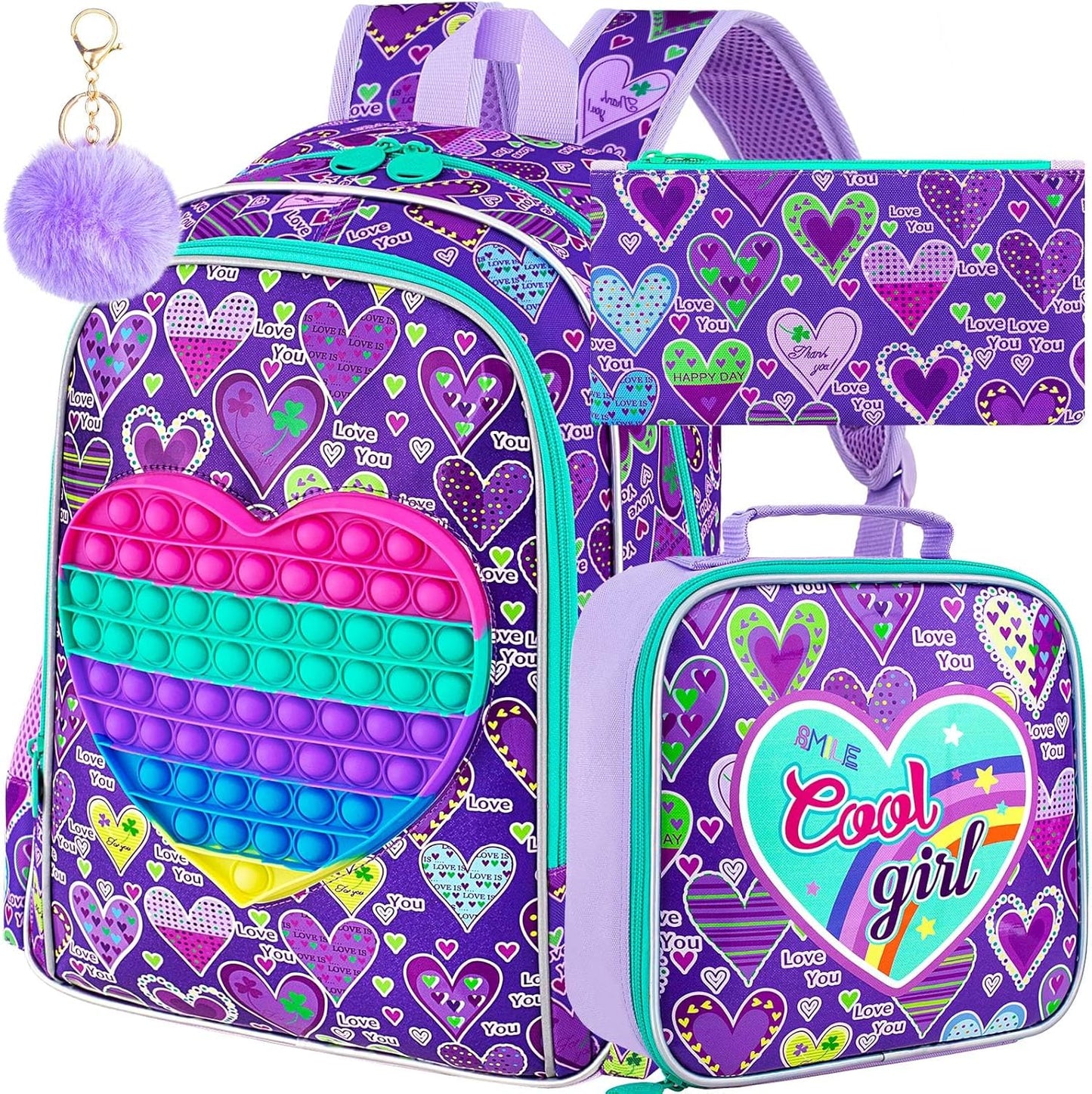 AGSDON 3PCS Backpacks for Girls, 16" Elementary Kids Bookbag for Prechool, Water Resistant Backpack with Lunch Box