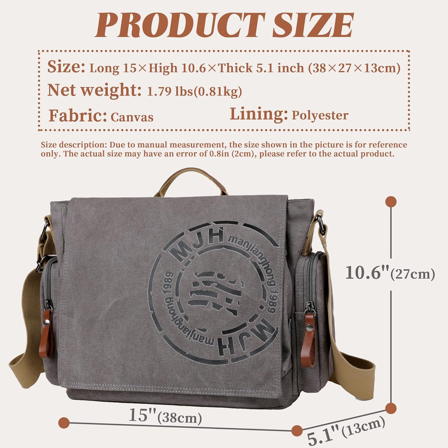 FSD.WG Satchel Messenger Bag for Men Canvas,Travel Shoulder bag 13.5" Laptop Bags