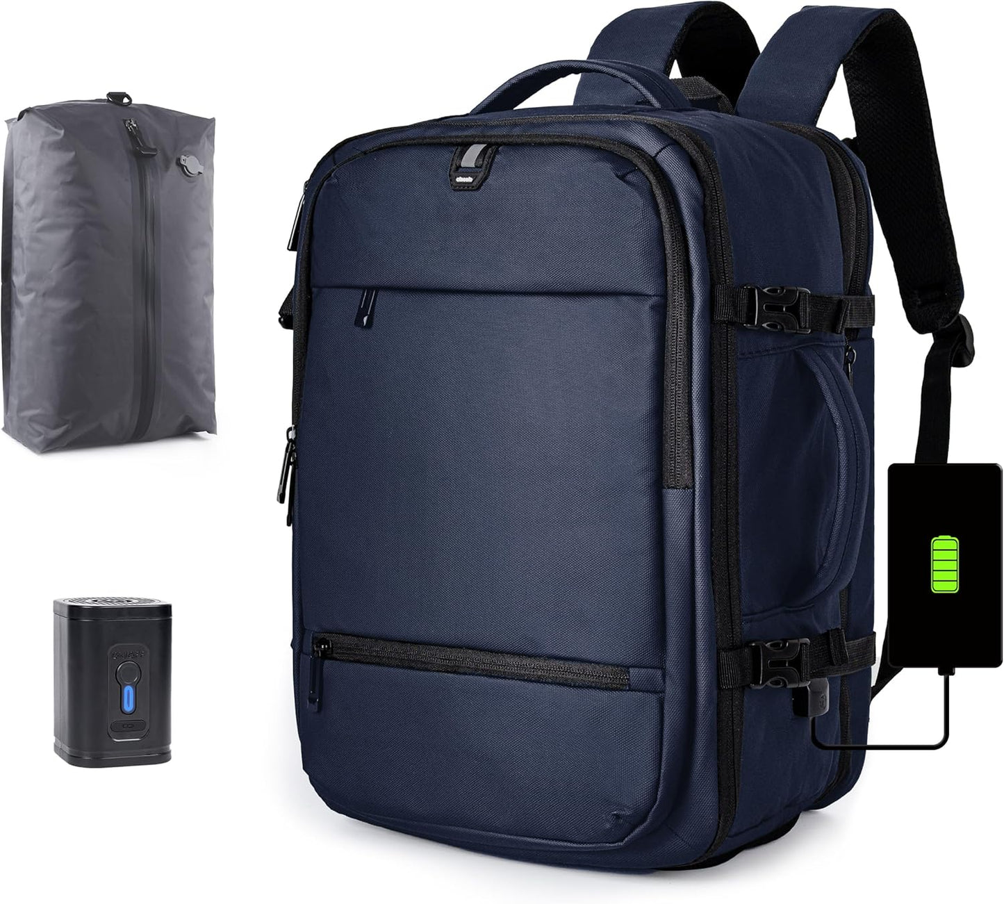 Vacuum Seal Backpack for Travel with Pump, 60L Expandable Backpack with Detachable Vacuum Compression Bag Waterproof Carry On Large Travel Bag for Airline Laptop Backpack with Shoe Compartment Navy