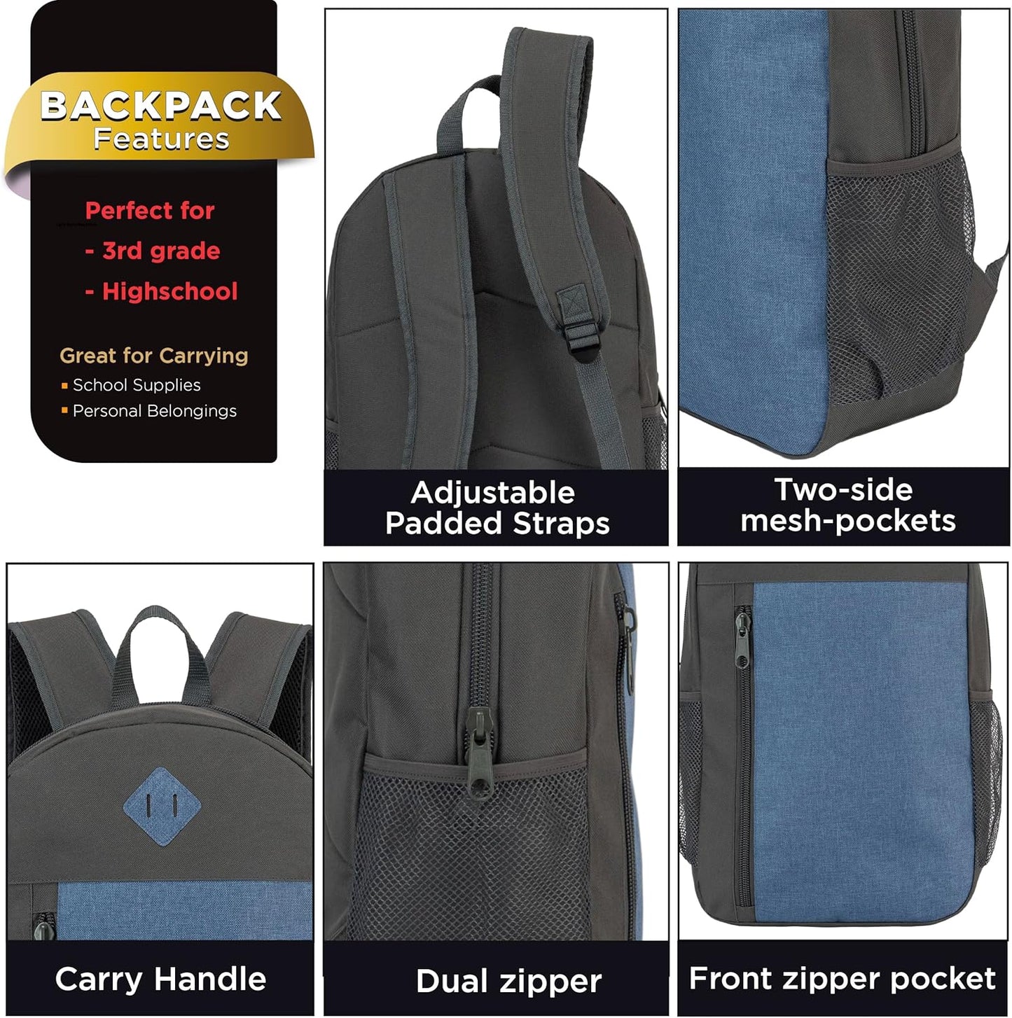 24-Pack 19" Padded Back Backpacks for Kids - Bookbags in Bulk for Middle and High School Students