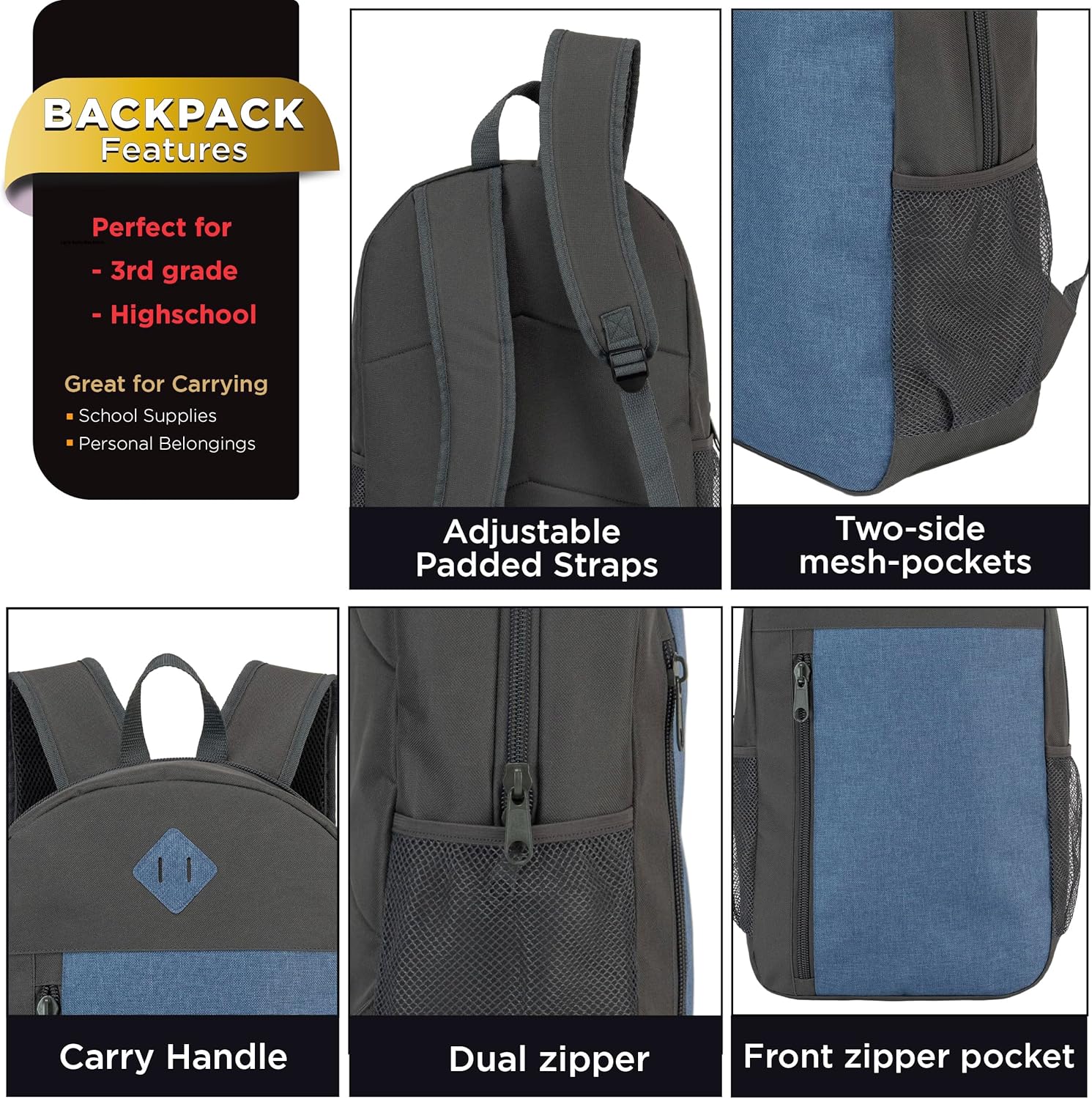 24-Pack 19" Padded Back Backpacks for Kids - Bookbags in Bulk for Middle and High School Students