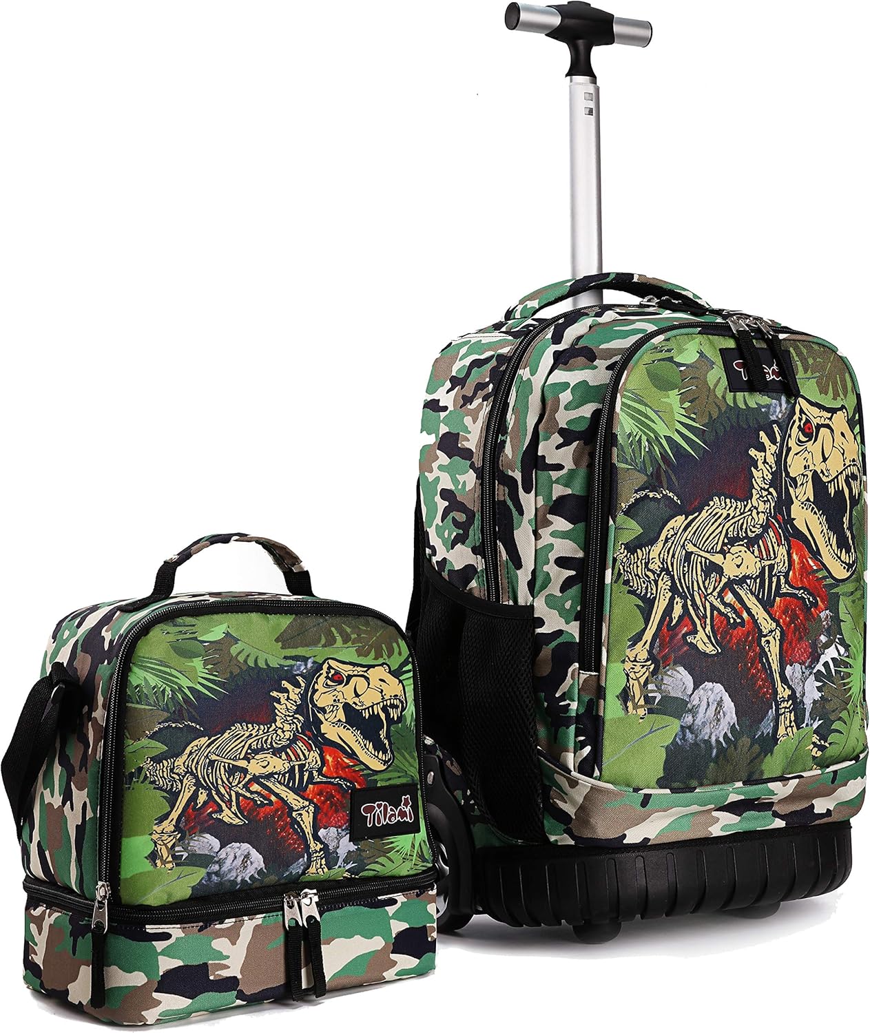Tilami Rolling Backpack 19 inch with Lunch Bag Wheeled Laptop Backpack, Dinosaur Camouflage
