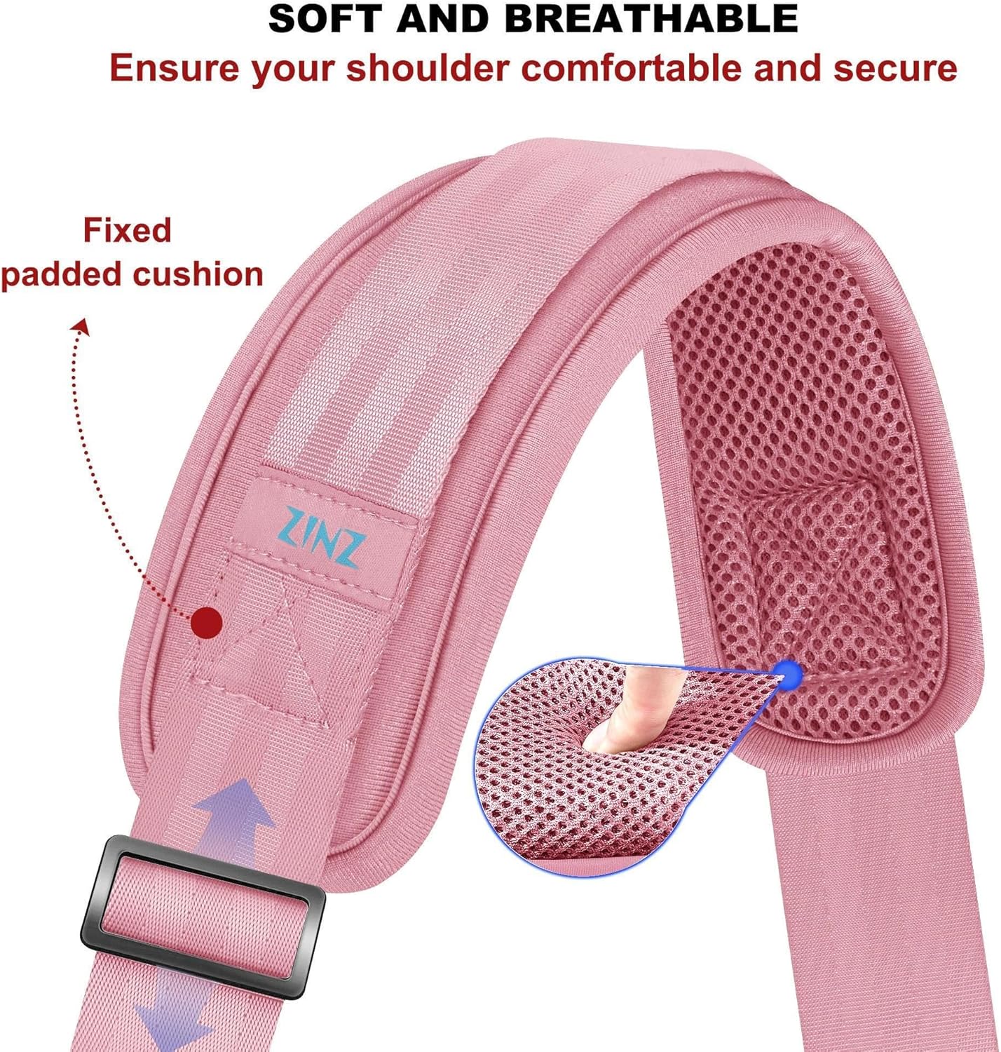 ZINZ Shoulder Strap - 59 Inch Universal Heavy-duty Adjustable Strap with Ultra-thick Fixed Breathable Pad for Laptop, Gym, Camera Bag and More -Pink