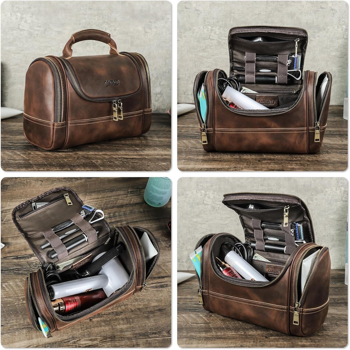 Top Grain Leather Travel Toiletry Bag Organizer for Man & Woman, Vintage Design, Large Size & Multi Pockets, Portable Large Capacity Travel Dopp Kit for Daily Toiletries/Cosmetics/Makeups, Coffee