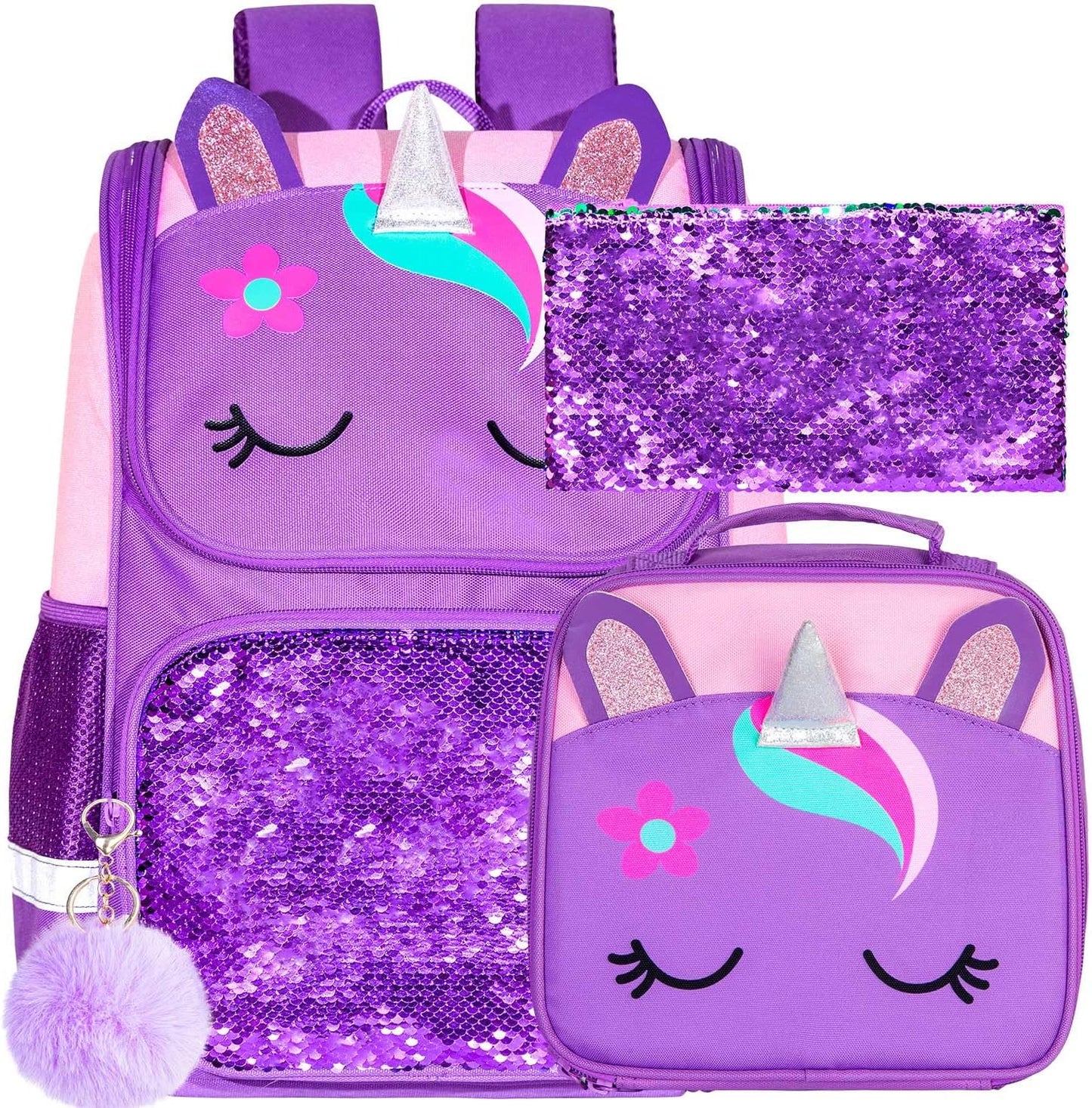 KLFVB 3PCS Backpack for Girls and Boys, 15" Unicorn Dinosaur Bookbag with Lunch Box, Kids Preschool School bag