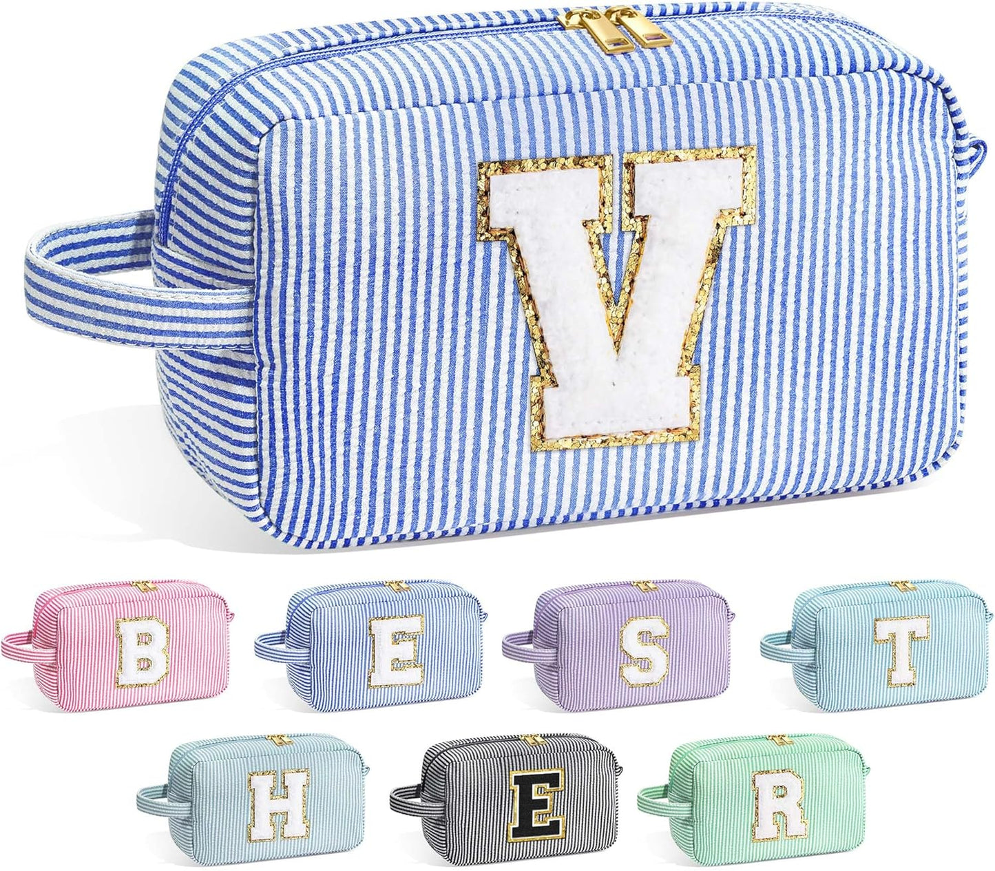 YOOLIFE Blue Cosmetic Travel Makeup Bag - Monogram Cute Initial Makeup Bags Cosmetic Toiletry Pouch