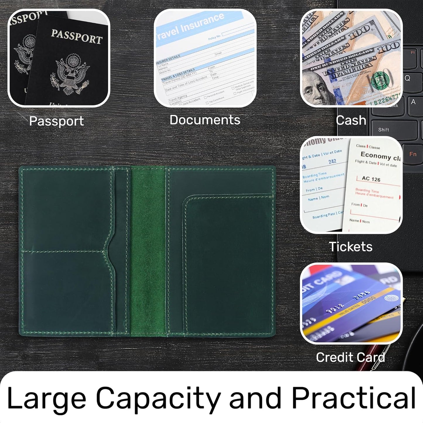HIFA Leather Passport Holder, Handmade Passport Cover with Card and Ticket Slot - Genuine Leather