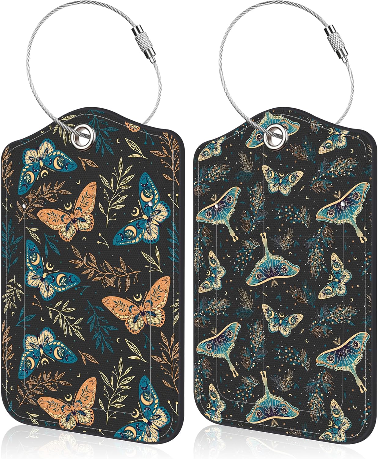 2 PCS Elegant Herbs Stars Butterflies Luggage Tag for Suitcase Boho Magic Herbs Butterflies Leather Suitcase Tags with Name Address Card Label Privacy Cover and Stainless Steel Loop for Women Men