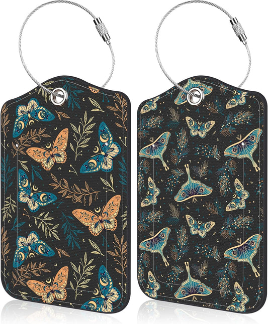2 PCS Elegant Herbs Stars Butterflies Luggage Tag for Suitcase Boho Magic Herbs Butterflies Leather Suitcase Tags with Name Address Card Label Privacy Cover and Stainless Steel Loop for Women Men