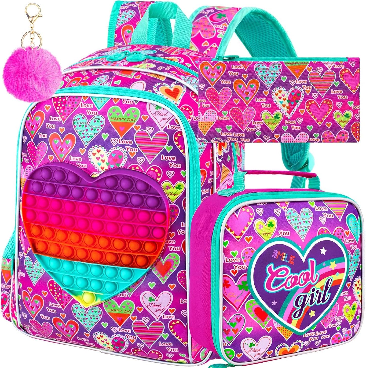AGSDON 3PCS Girls Backpack，16" Kids Bookbag for Girl anf Water Resistant Backpacks for Preschool Toddler