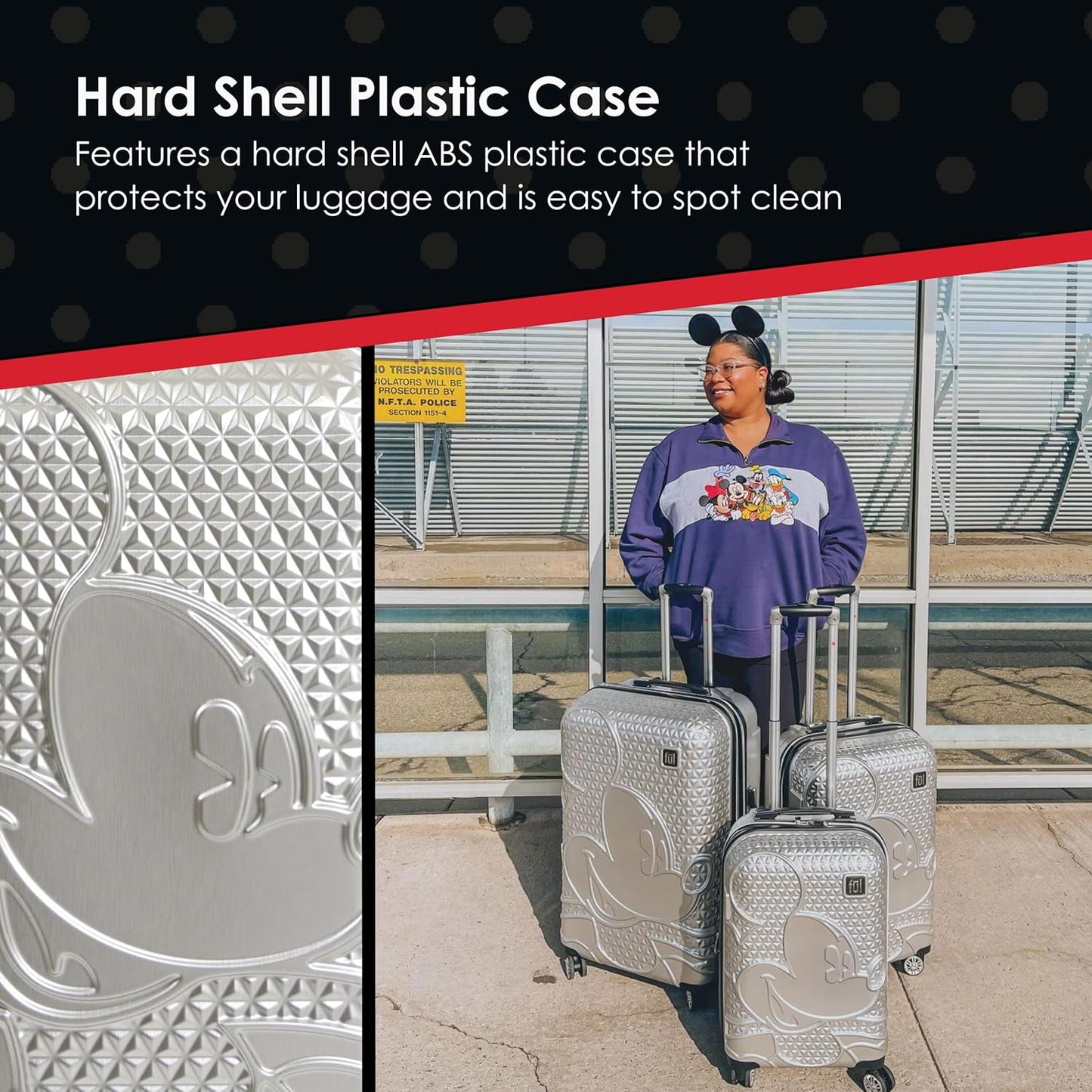 FUL Disney 30 Inch Rolling Luggage, Hardshell Suitcase with Spinner Wheels, Mickey Mouse-Silver