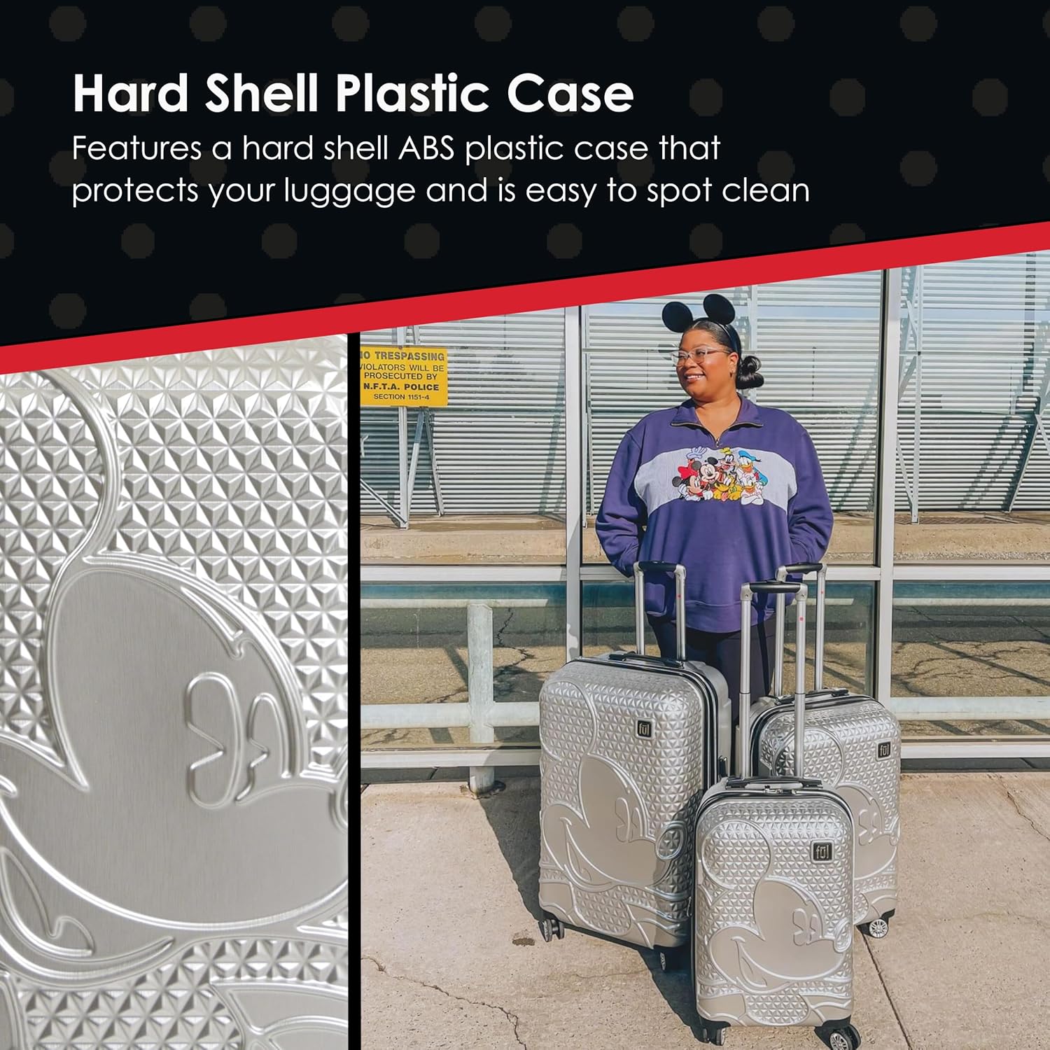 FUL Disney 30 Inch Rolling Luggage, Hardshell Suitcase with Spinner Wheels, Mickey Mouse-Silver