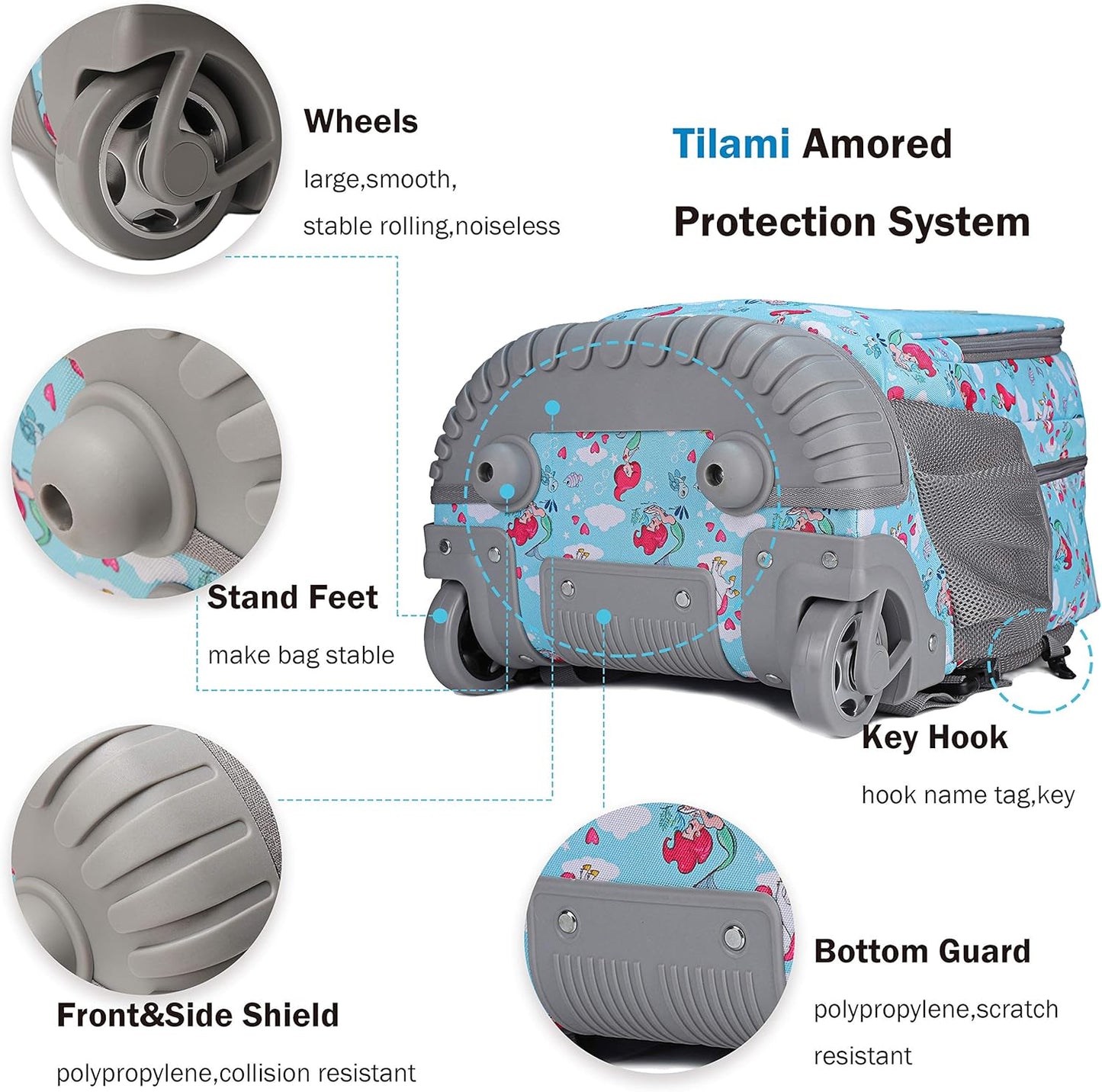 Tilami Rolling Backpack 19 inch Wheeled Cute LAPTOP Boys Girls Travel School Student Trip, Mermaid