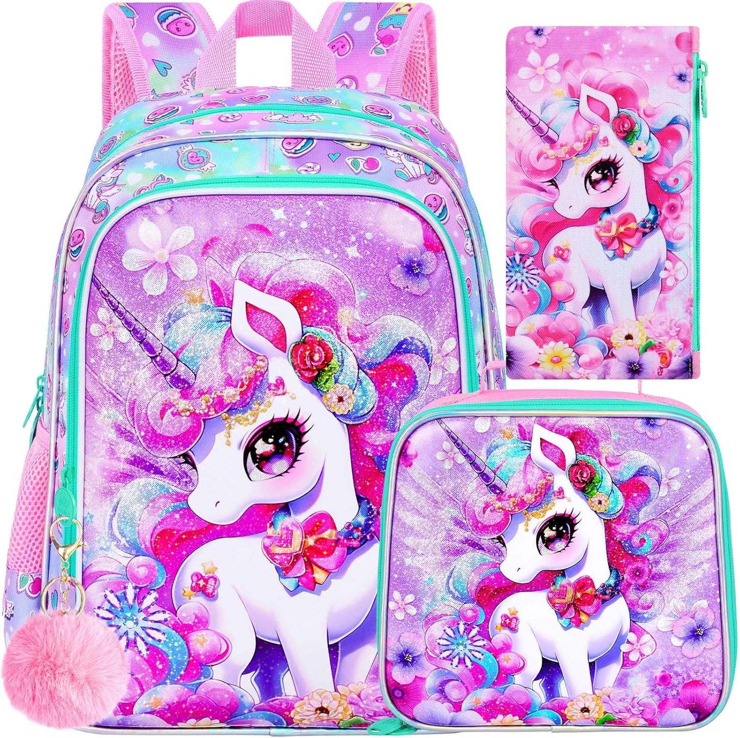 3PCS Unicorn Backpack for Girls, Water Resistant Kids Bookbag Set with Lunch Box，Cute Elementary School Bag for Preschool Toddler