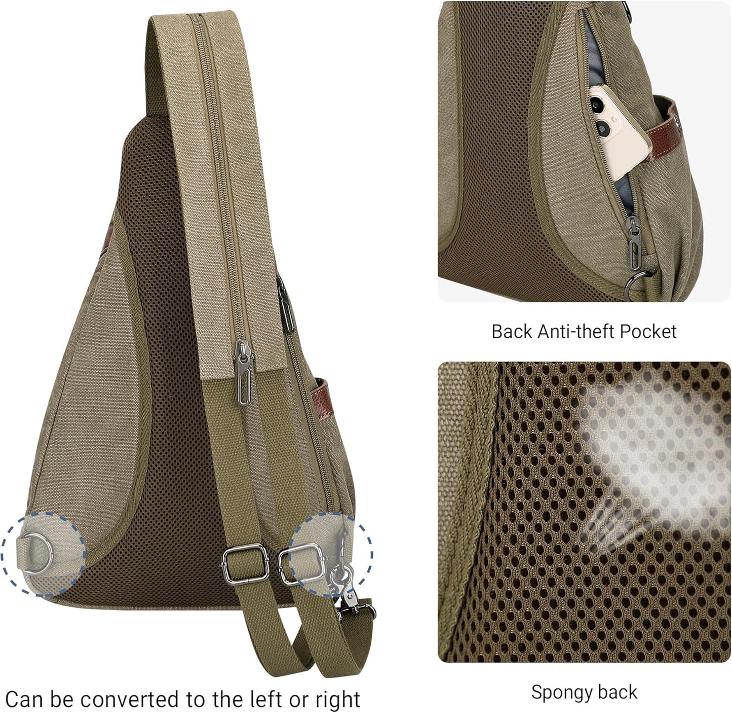 WITZMAN Canvas Sling Bag for Men Women Convertible Sling Backpack Crossbody Vintage Chest Bag Travel Casual Daypack（A8003 Army Green）