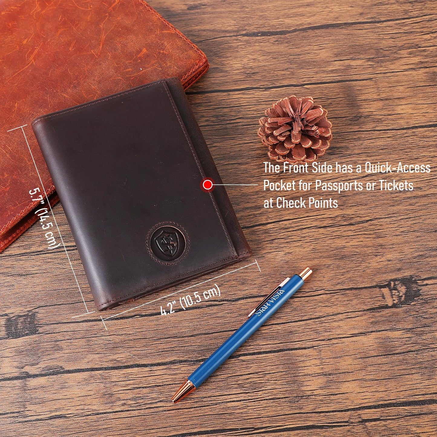 STAR VISTA Domenico Full Grain Leather Pilot Passport Wallet, Trifold Travel Document Organizer with RFID Blocking, Transparent Doc & Dual ID Windows, AirTag Slot, Pen & Travel Notebook