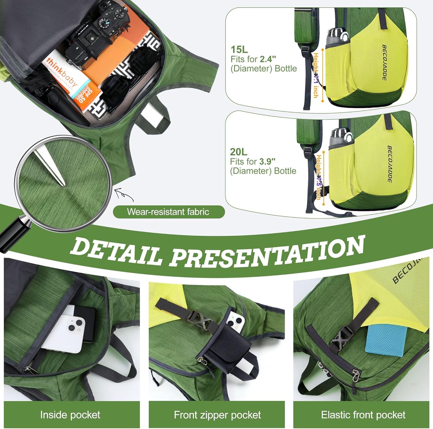 20L Small Hiking Backpack for Men Women Foldable Packable Back Pack Ultralight Hiking Daypack for Travel Camping Outdoor, Olive Green Yellow