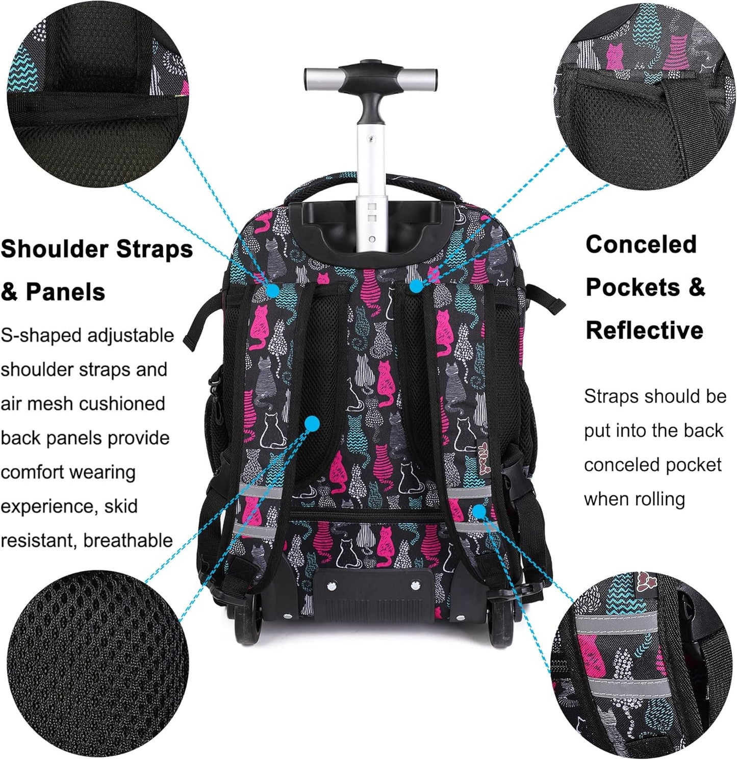 Tilami Rolling Backpack 19 inch with Lunchbox Wheeled Laptop Backpack, Cat Black