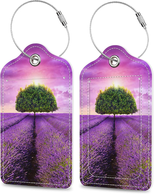 Set of 2 Luggage Tags Tree in The Lavender Field Leather Suitcases Tag with Privacy Cover Stainless Steel Loop and Address Card for Women Men Travel