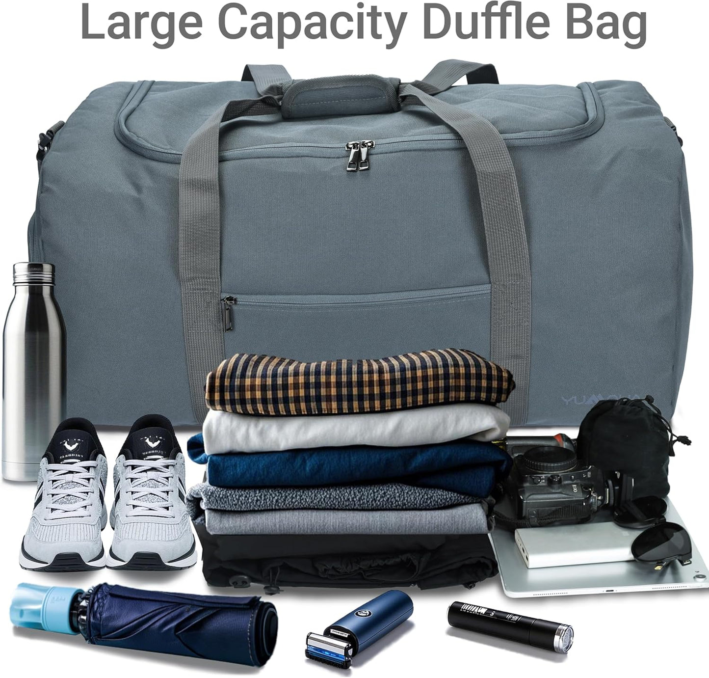 Duffle Bag for Men 65L, Travel Bag with Shoes Compartment, Large Capacity Duffel Bag, Water Resistant & Tear Resistant Women Weekender Bag with Shoulder Strap for Sports Gym Travel Camping (Gray)