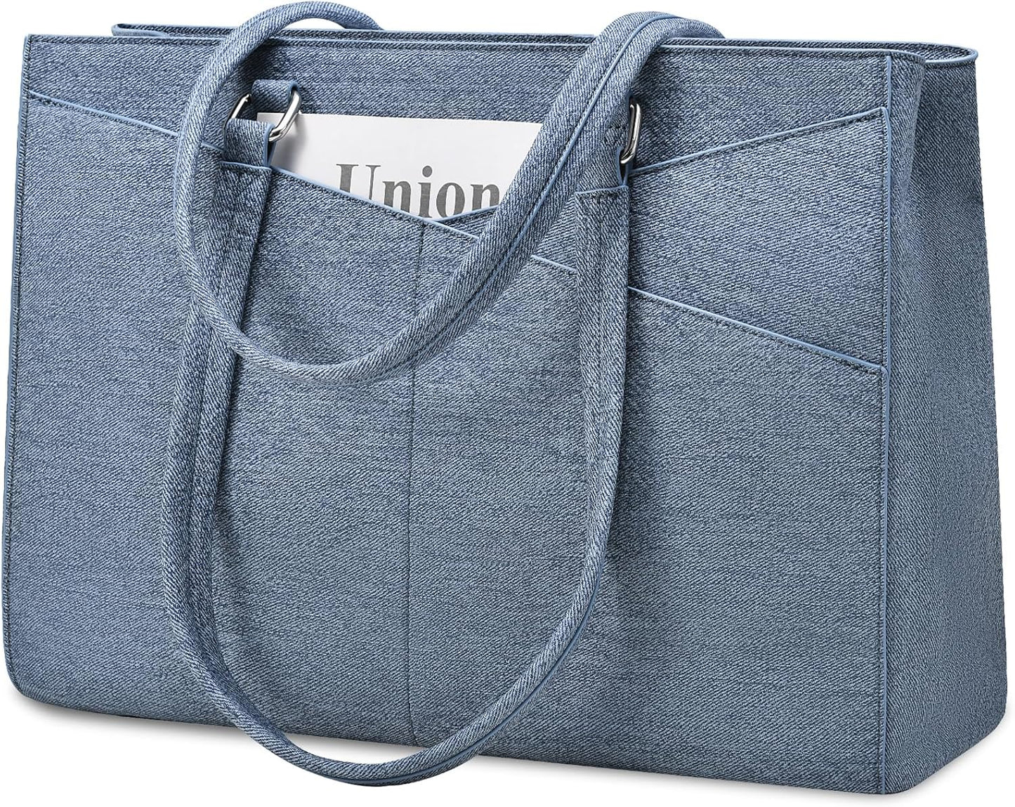 LOVEVOOK Laptop Bag for Women, 15.6 inch Leather Laptop Tote Work Teacher Bags Computer Shoulder Bag,Leather Denim Blue