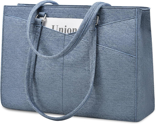LOVEVOOK Laptop Bag for Women, 15.6 inch Leather Laptop Tote Work Teacher Bags Computer Shoulder Bag,Leather Denim Blue