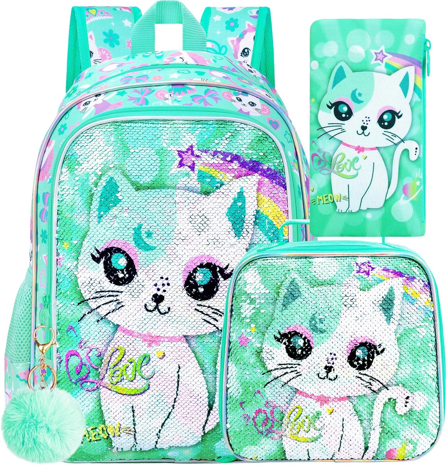 UFNDC 3PCS Backpack for Girls with Lunch Box,16”Kids Sequin Bookbag with Lunch Box, School Bag for Elementary Toddler