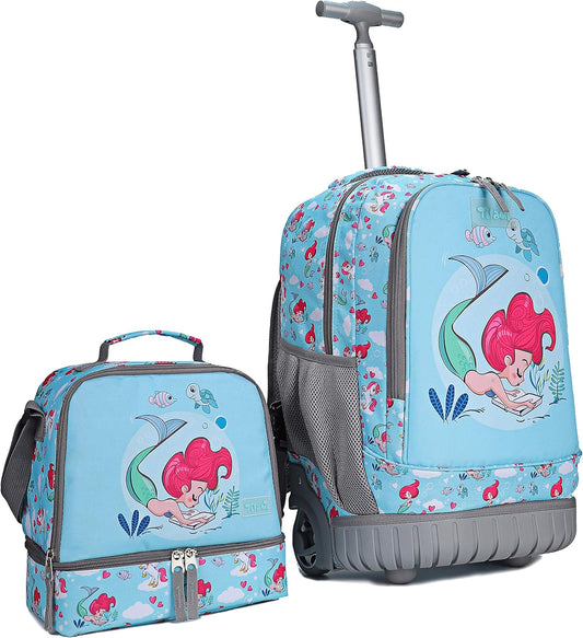 Tilami Rolling Backpack 19 inch with Lunch Bag Wheeled Laptop Backpack, Mermaid Blue
