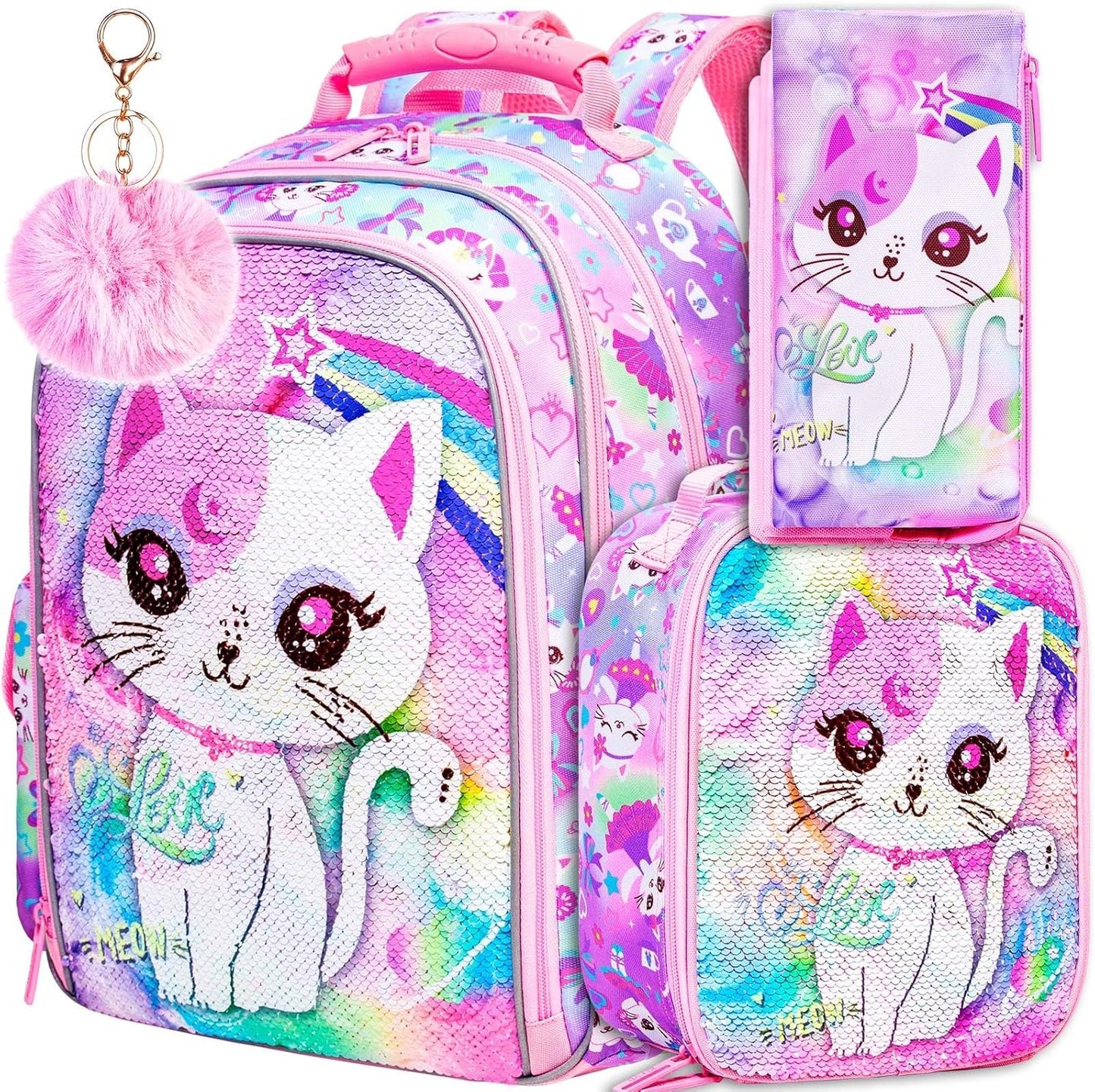 KLFVB 3PCS Cat Uni Dinosaur Backpack for Girls and Boys, 16" Kids Bookbag and Lunch Box, Preschool