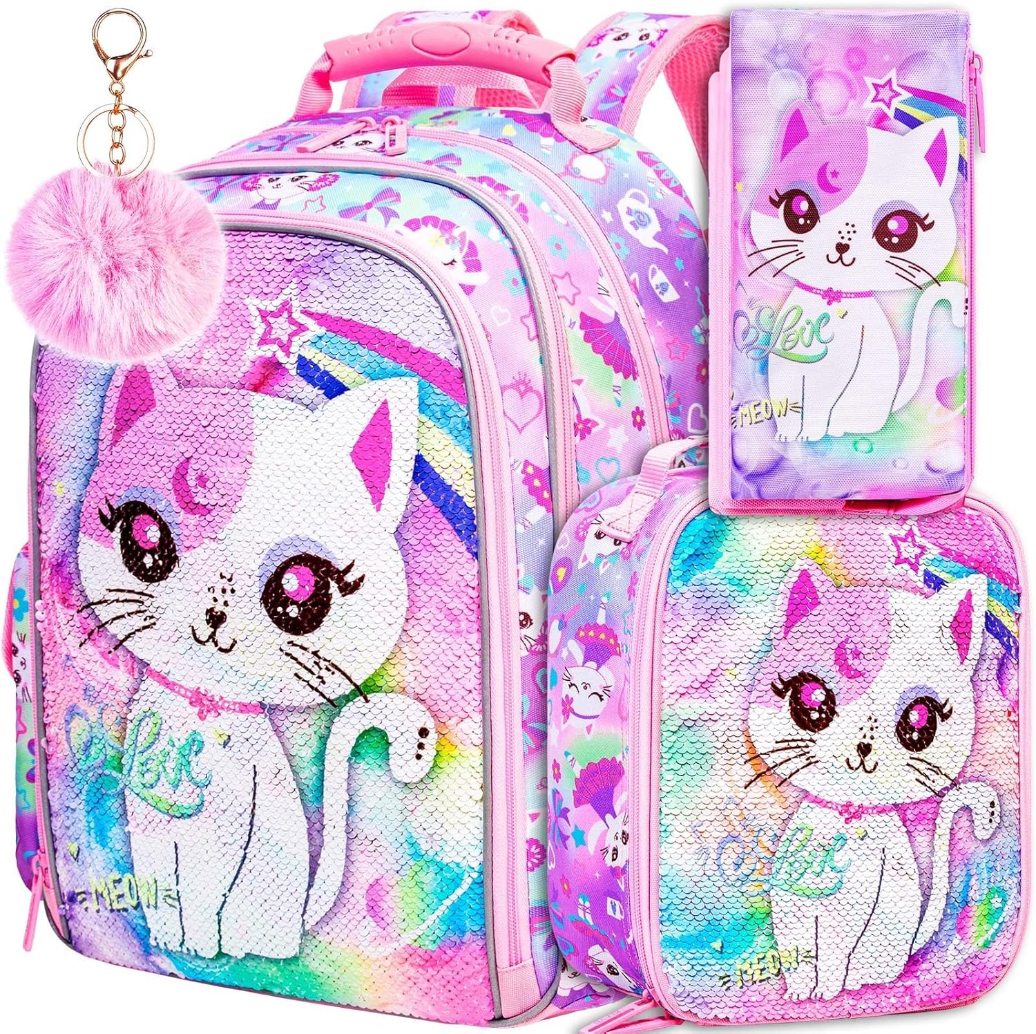 KLFVB 3PCS Cat Uni Dinosaur Backpack for Girls and Boys, 16" Kids Bookbag and Lunch Box, Preschool