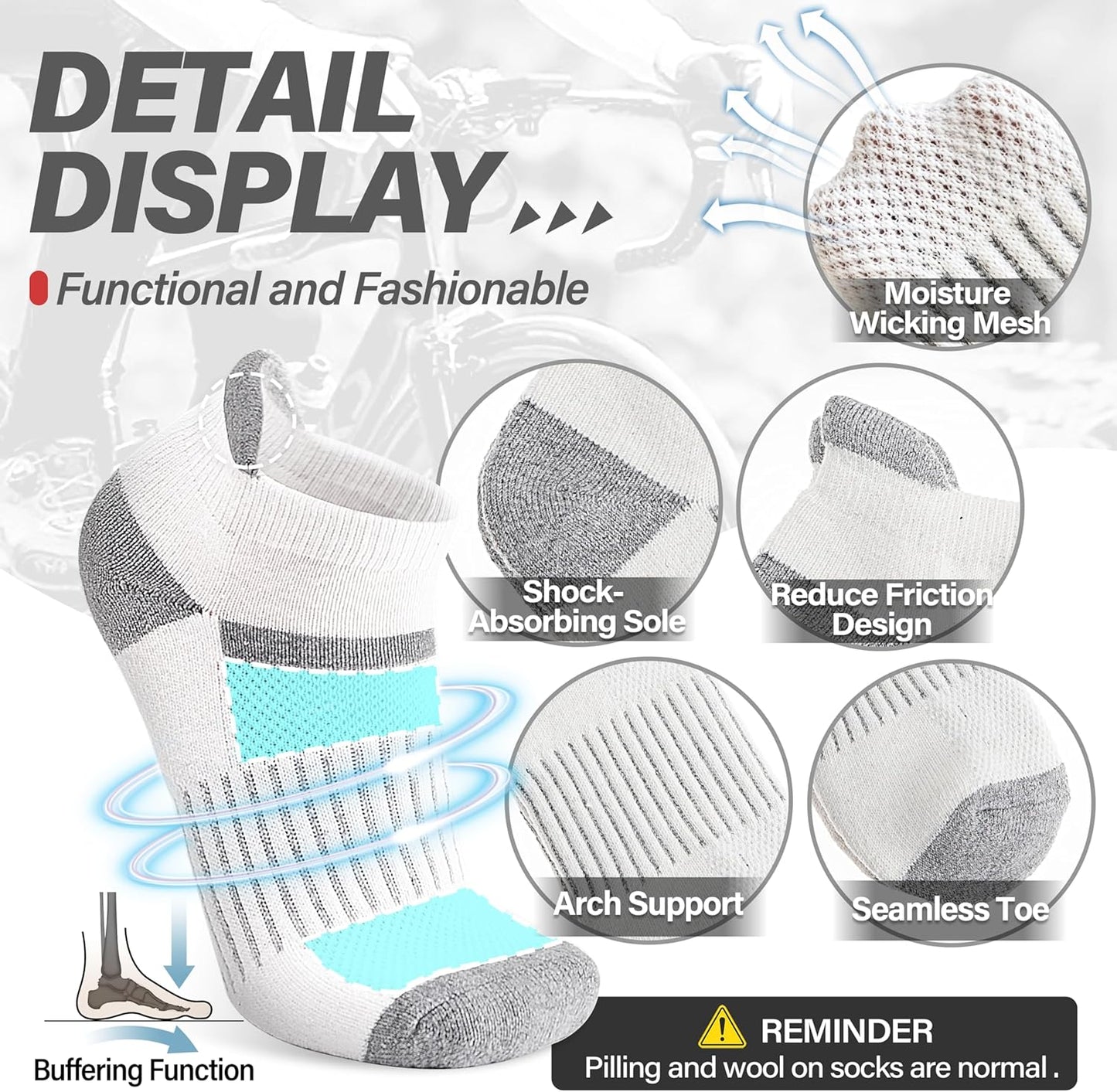 6 Pairs Merino Wool Ankle Running Hiking Socks Compression Support Breathable Thick Cushion No Show Socks for Women Men